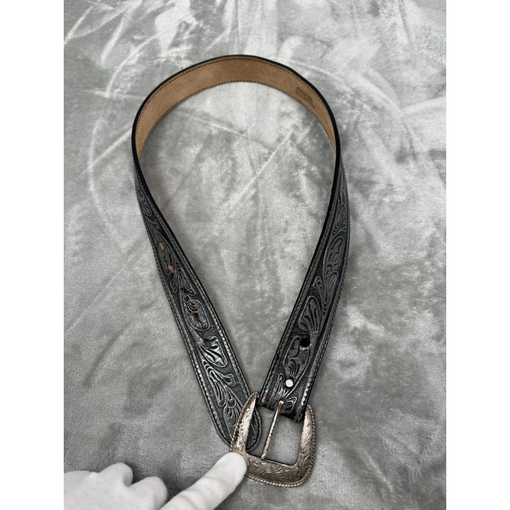 Vintage Tooled Leather Belt & Buckle Mens 32 Gray Western Cowboy Retro 80s 70s